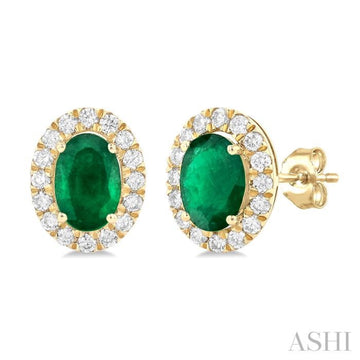 6x4 MM Oval Shape Emerald and 1/4 Ctw Round Cut Diamond Halo Precious Stud Earrings in 14K Yellow Gold